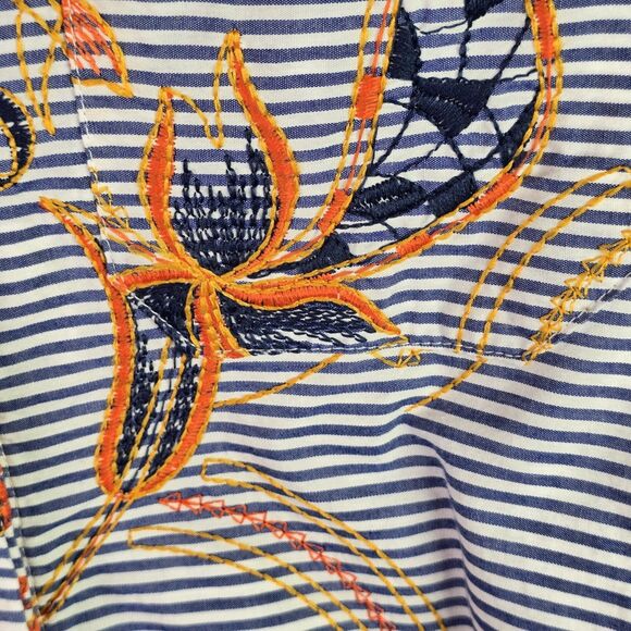 Peck & Peck Embroidered Striped Floral Shirt Small Cotton Boho Scallop Hem Blue - Picture 9 of 16
